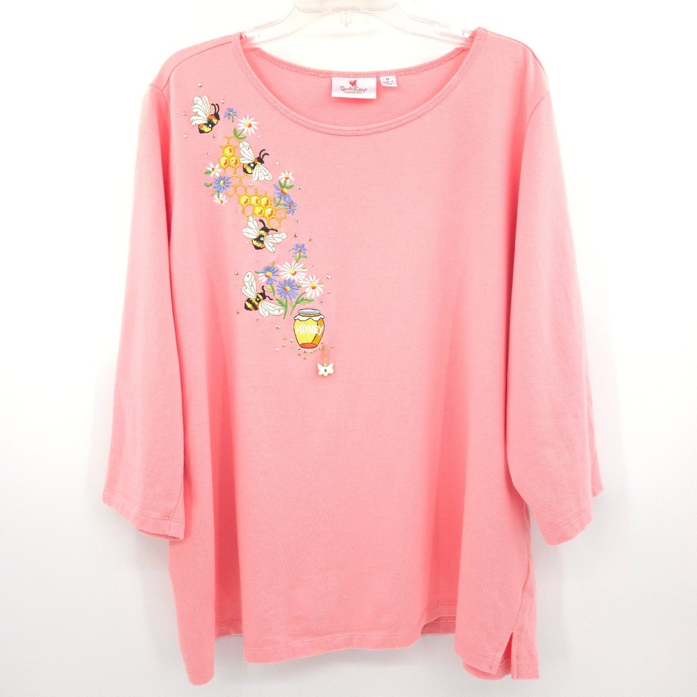 Quacker Factory Top Women 1X Pink Embroidered Honey Bee Rhinestone 3/4 Sleeve